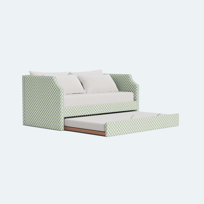 The Addison Twin Trundle Daybed - Mia SageGreen/Blue Fabric - Sky Blue Trim