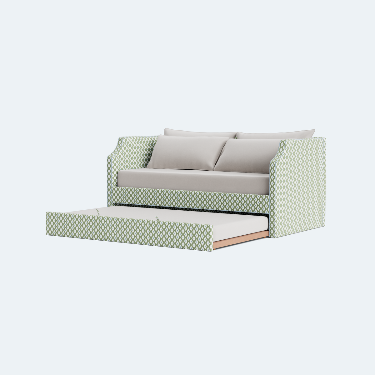 The Addison Twin Trundle Daybed - Mia SageGreen/Blue Fabric - Sky Blue Trim