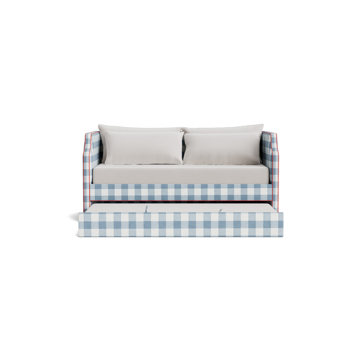 The Addison Twin Trundle Daybed - Buffalo Blue Checkered Fabric - Red Trim