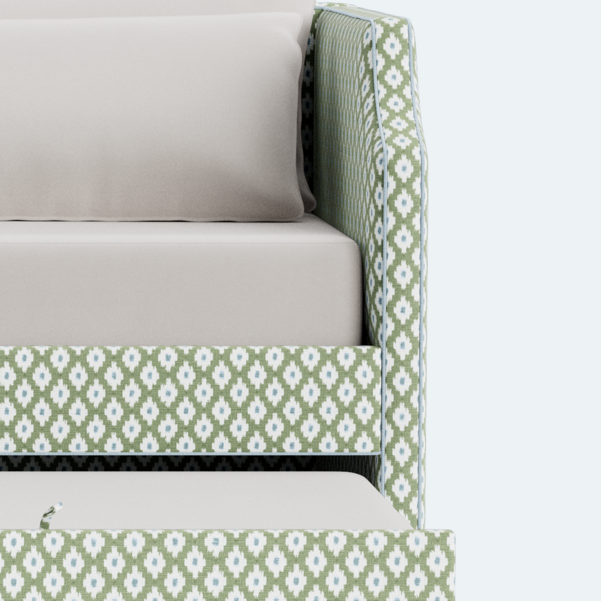 The Addison Twin Trundle Daybed - Mia SageGreen/Blue Fabric - Sky Blue Trim