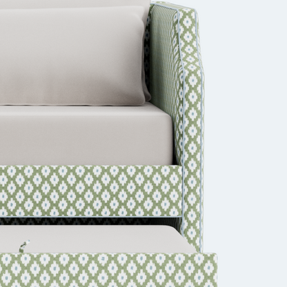 The Addison Twin Trundle Daybed - Mia SageGreen/Blue Fabric - Sky Blue Trim