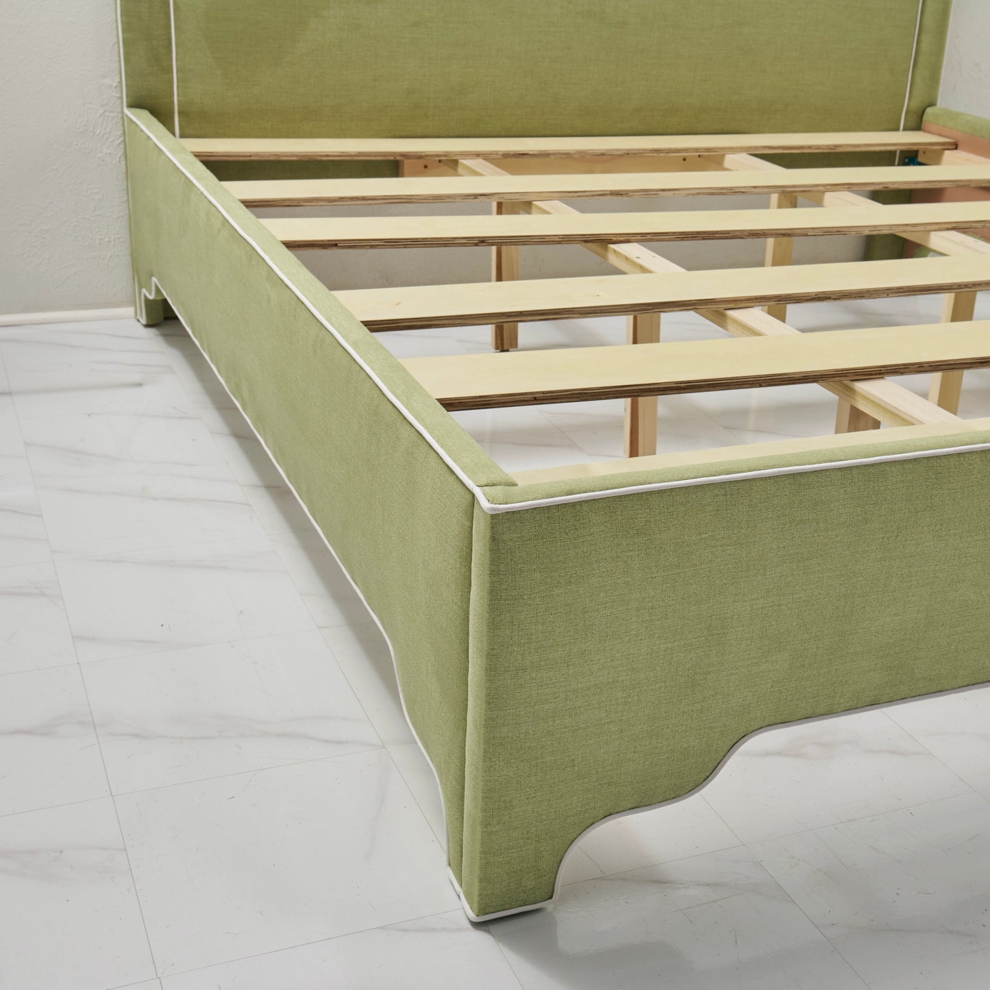 65" H Queen Upholstered Platform Bed - Scalloped Legs - Pistachio Green Woven Fabric with White Trim