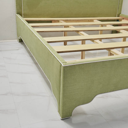 65" H Queen Upholstered Platform Bed - Scalloped Legs - Pistachio Green Woven Fabric with White Trim