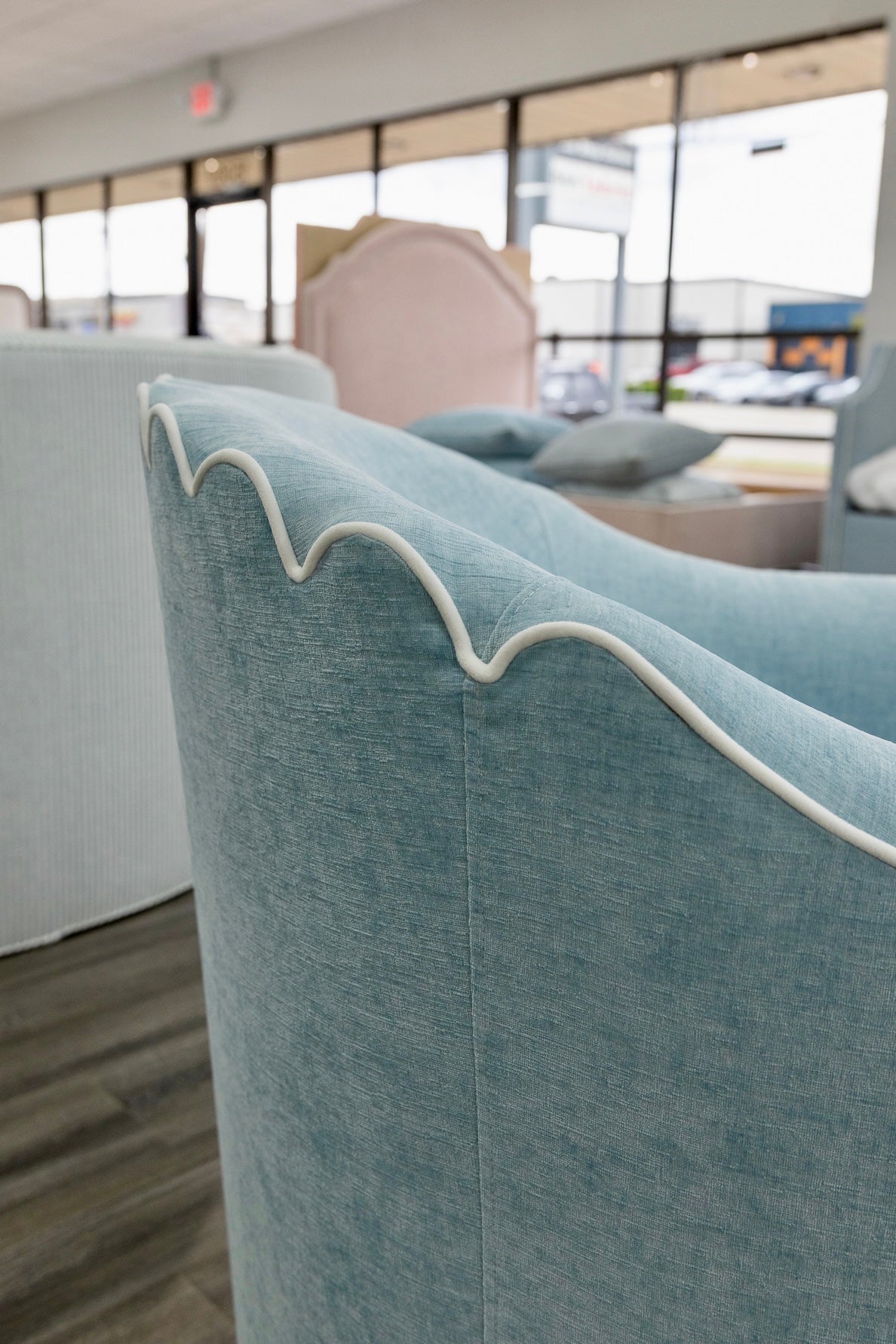 The Teresa Swivel Chair: Seafoam Blue Performance Fabric - White Trim