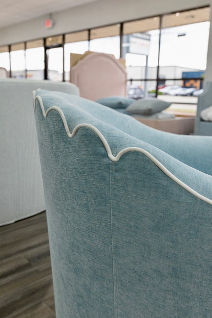 The Teresa Swivel Chair: Seafoam Blue Performance Fabric - White Trim