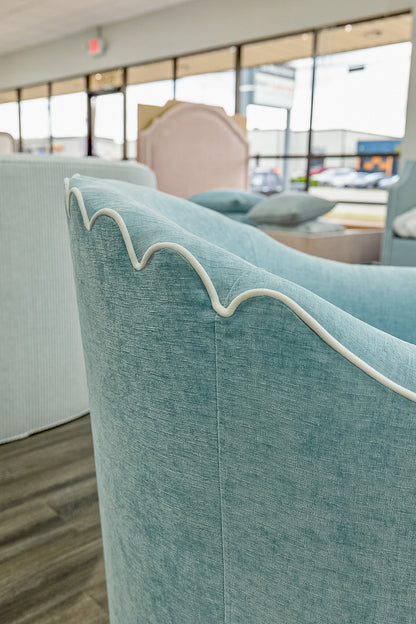 The Teresa Swivel Chair: Seafoam Blue Performance Fabric - White Trim