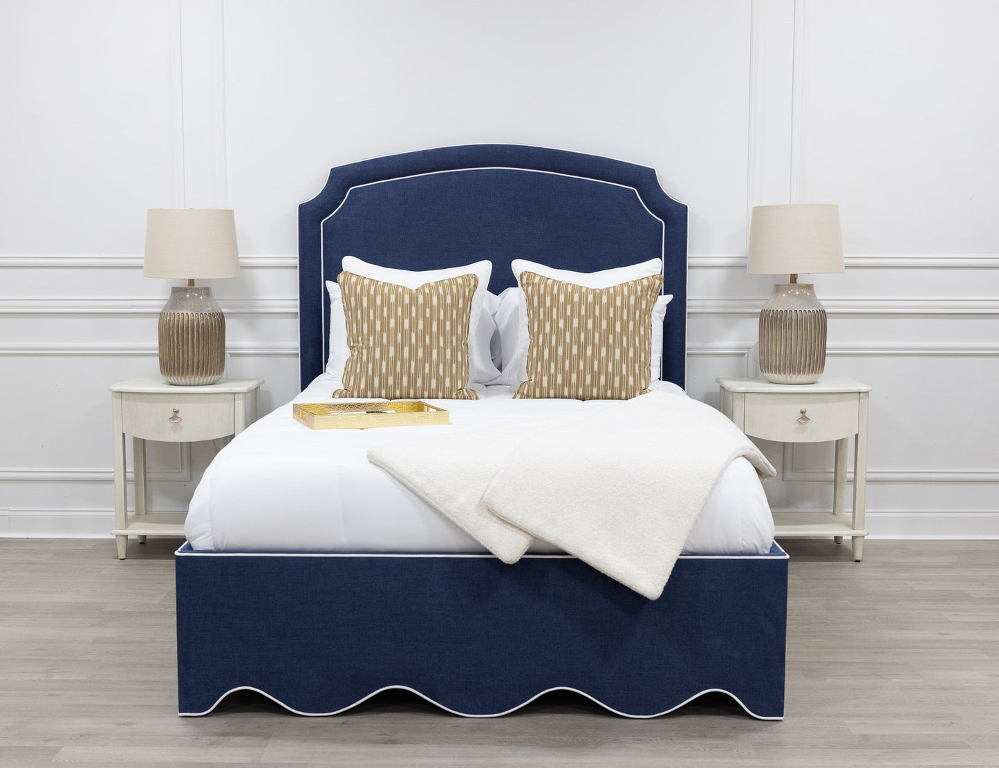 The Aliana Queen Bed - Scalloped Base - Navy Woven Fabric - White Trim