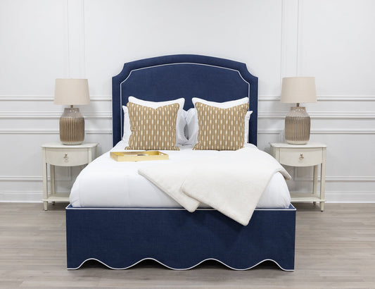 The Aliana Queen Bed - Scalloped Base - Navy Woven Fabric - White Trim