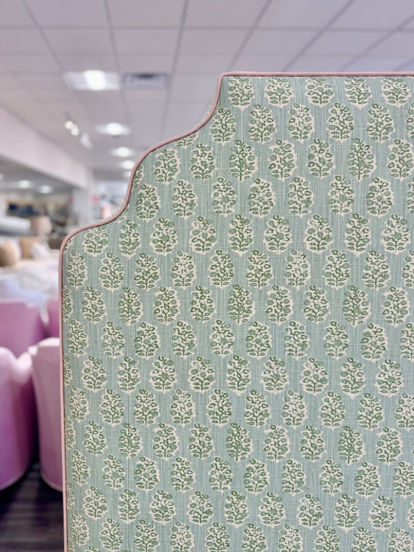 65”H Queen Platform Upholstered Bed - Perry Green Polyester Fabric - Pink Trim