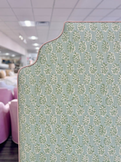 65”H Queen Platform Upholstered Bed - Perry Green Polyester Fabric - Pink Trim