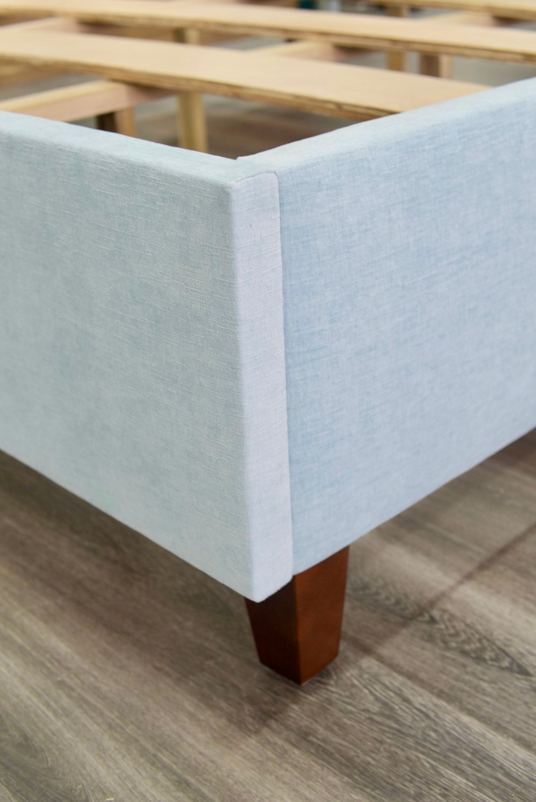 The Addison King Bed - Wooden Legs - Seafoam Blue Chenille Fabric with White Trim