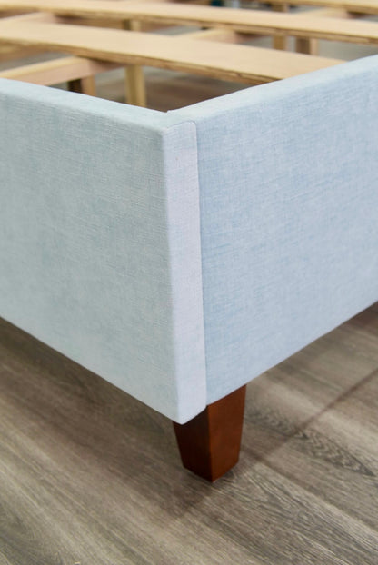 The Addison King Bed - Wooden Legs - Seafoam Blue Chenille Fabric with White Trim