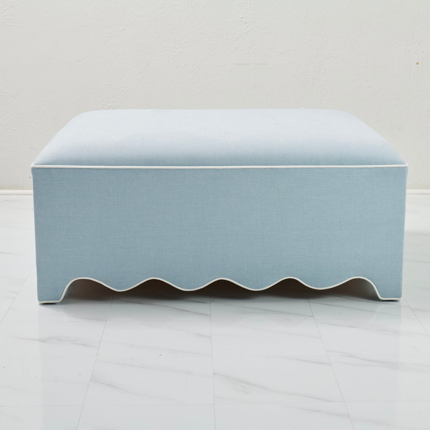 Scalloped Ottoman / Coffee table in Sky Blue Woven Fabric - White Trim