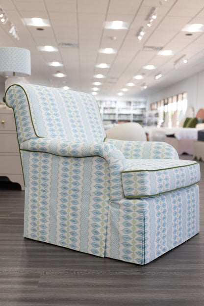 Tight back Waterfall Lounge Chair in JOELLE-BLUE/GREEN Fabric - Contrast Piping