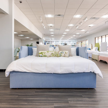 The Addison Twin to King Trundle Daybed - Performance Ashley Blue Chenille Fabric - White Trim
