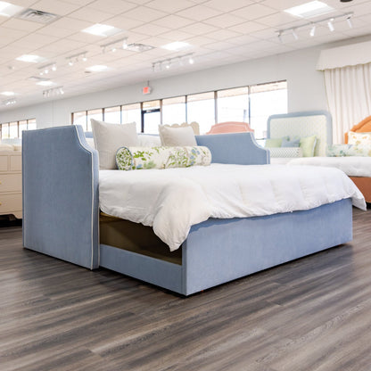 The Addison Twin to King Trundle Daybed - Performance Ashley Blue Chenille Fabric - White Trim