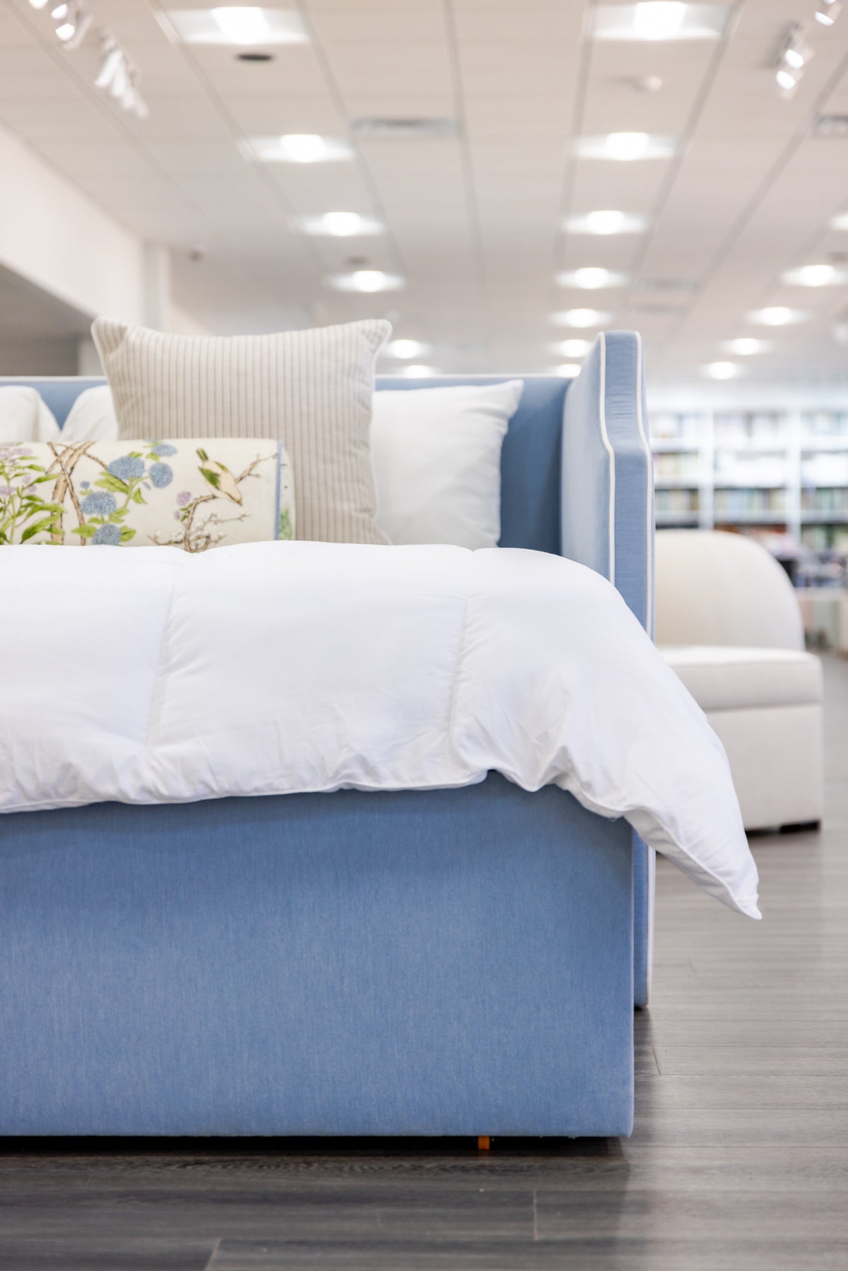 The Addison Twin to King Trundle Daybed - Performance Ashley Blue Chenille Fabric - White Trim
