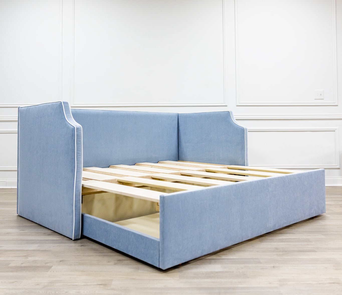 The Addison Twin to King Trundle Daybed - Performance Ashley Blue Chenille Fabric - White Trim