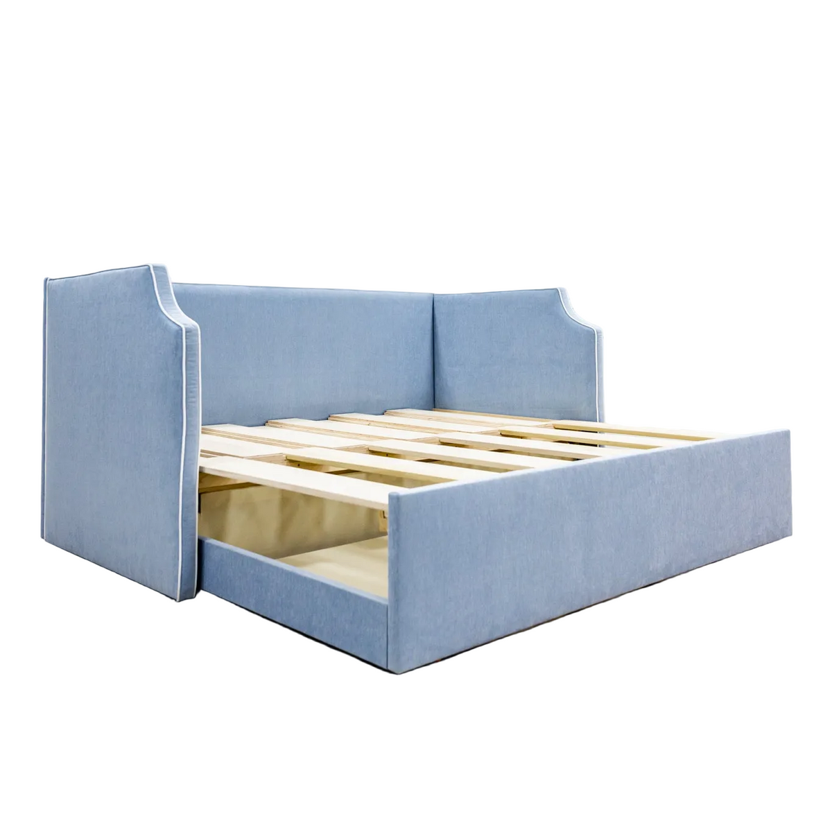 The Addison Twin to King Trundle Daybed - Performance Ashley Blue Chenille Fabric - White Trim