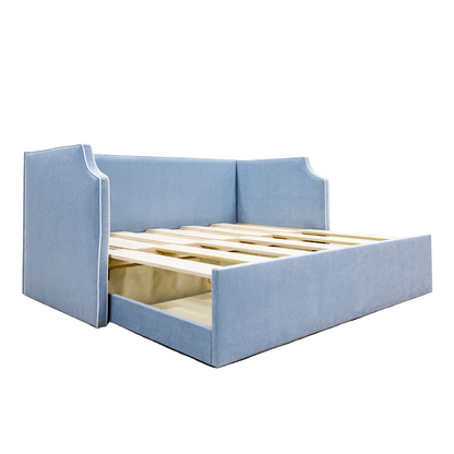 The Addison Twin to King Trundle Daybed - Performance Ashley Blue Chenille Fabric - White Trim
