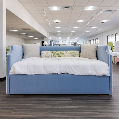 The Addison Twin to King Trundle Daybed - Performance Ashley Blue Chenille Fabric - White Trim