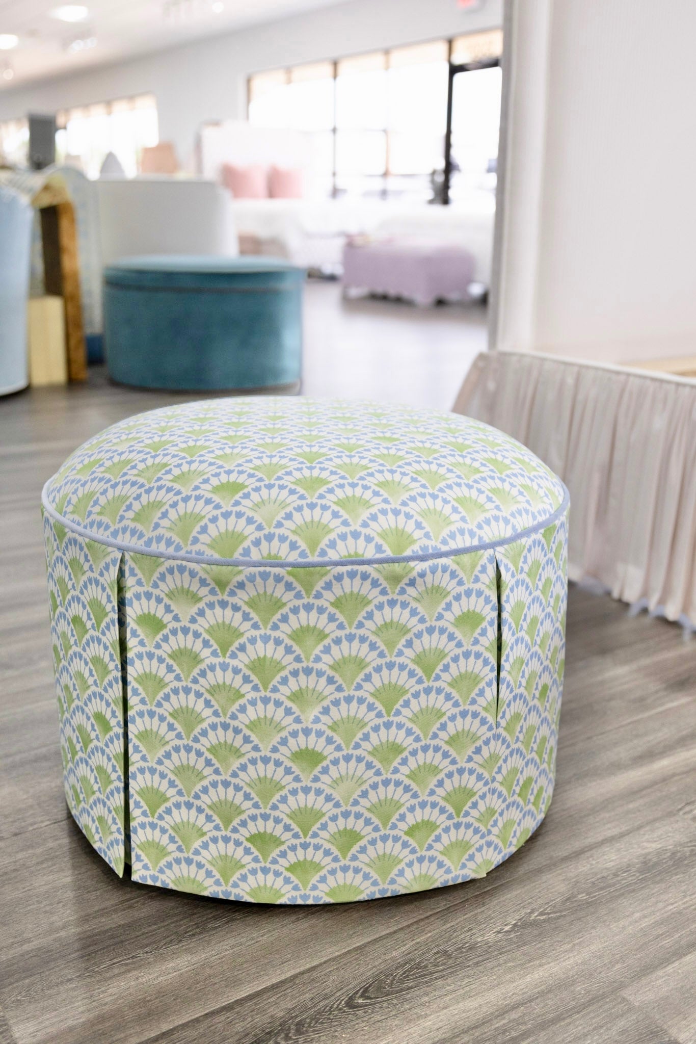 The Marlowe Ottoman - Floral Green / Blue Fabric with Blue Trim