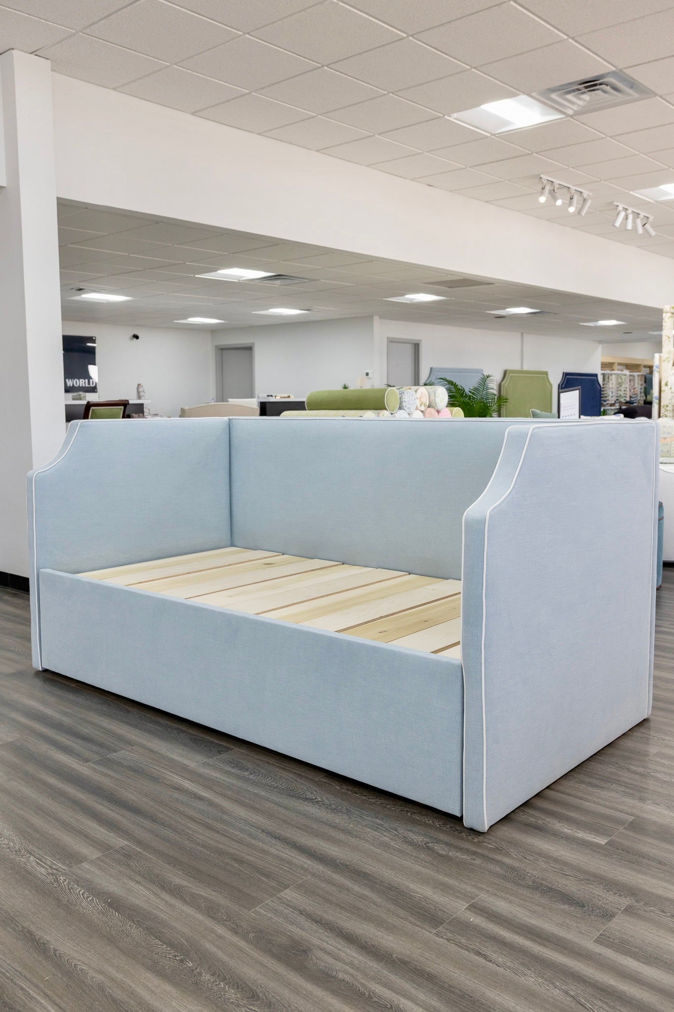 The Addison Twin to King Trundle Daybed - Sky Blue Woven fabric - White Trim