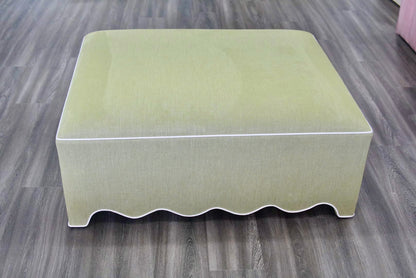 Scalloped Ottoman / Coffee table in Pistachio Green Woven Fabric - White Trim