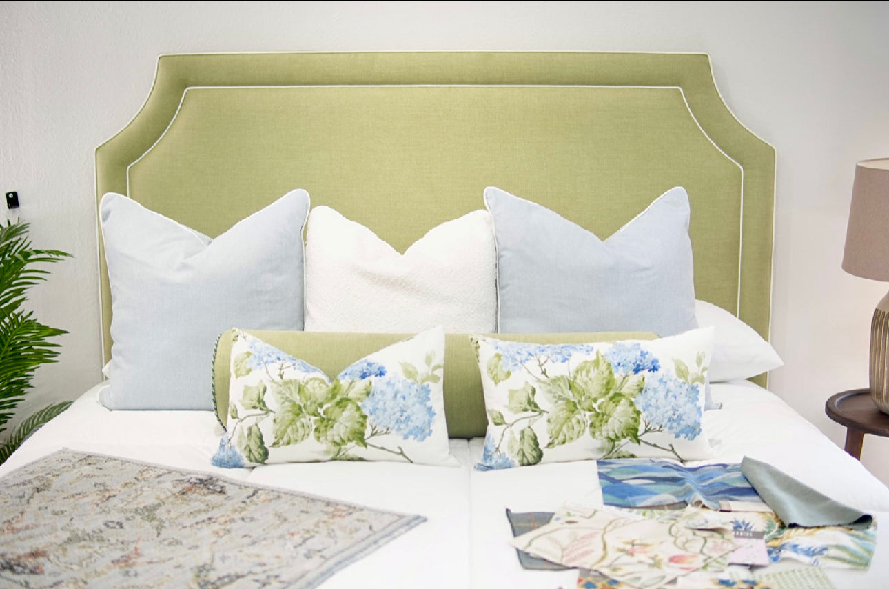 65"H King Headboard in Pistachio Green Woven Fabric - White Trim