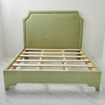 65”H King Upholstered Platform Bed - Scalloped Legs - Pistachio Green Woven Fabric with White Trim