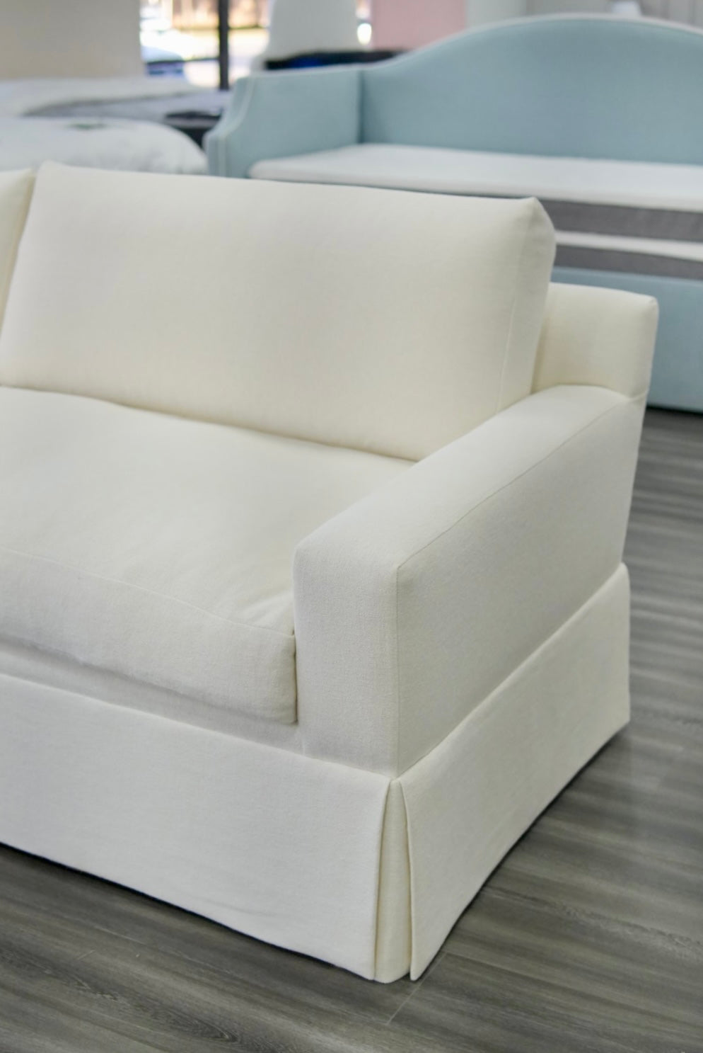 Luxe Feather-Seat Skirted Sofa in Schumacher Designer Upholstery Linen Fabric – Custom Built, In Stock