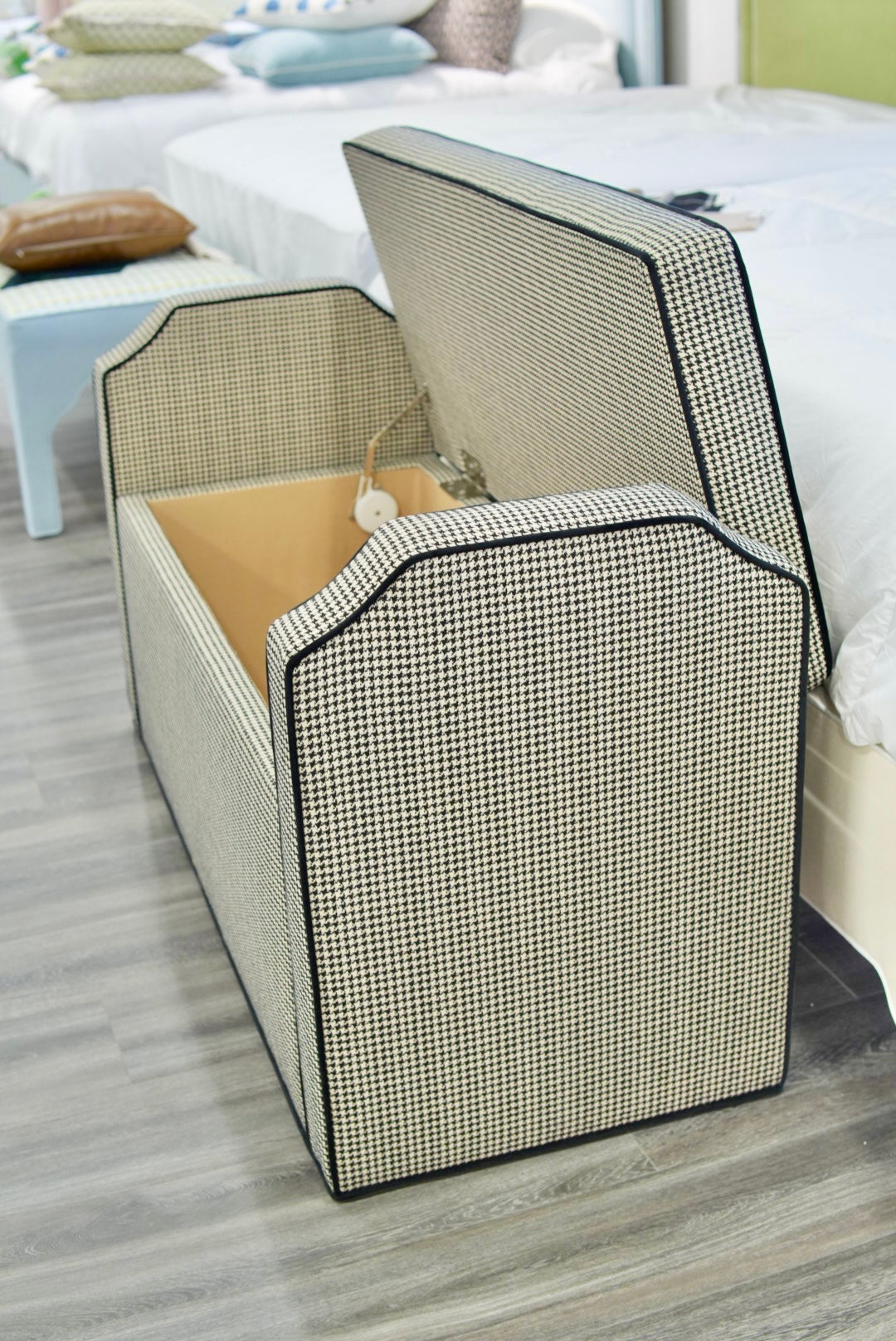 Milly Storage Bench – Houndstooth Fabric with Black Mohair Trim