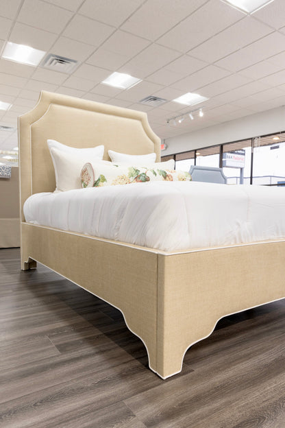 65”H Queen Upholstered Platform Bed - Sand Chenille Fabric with White Trim