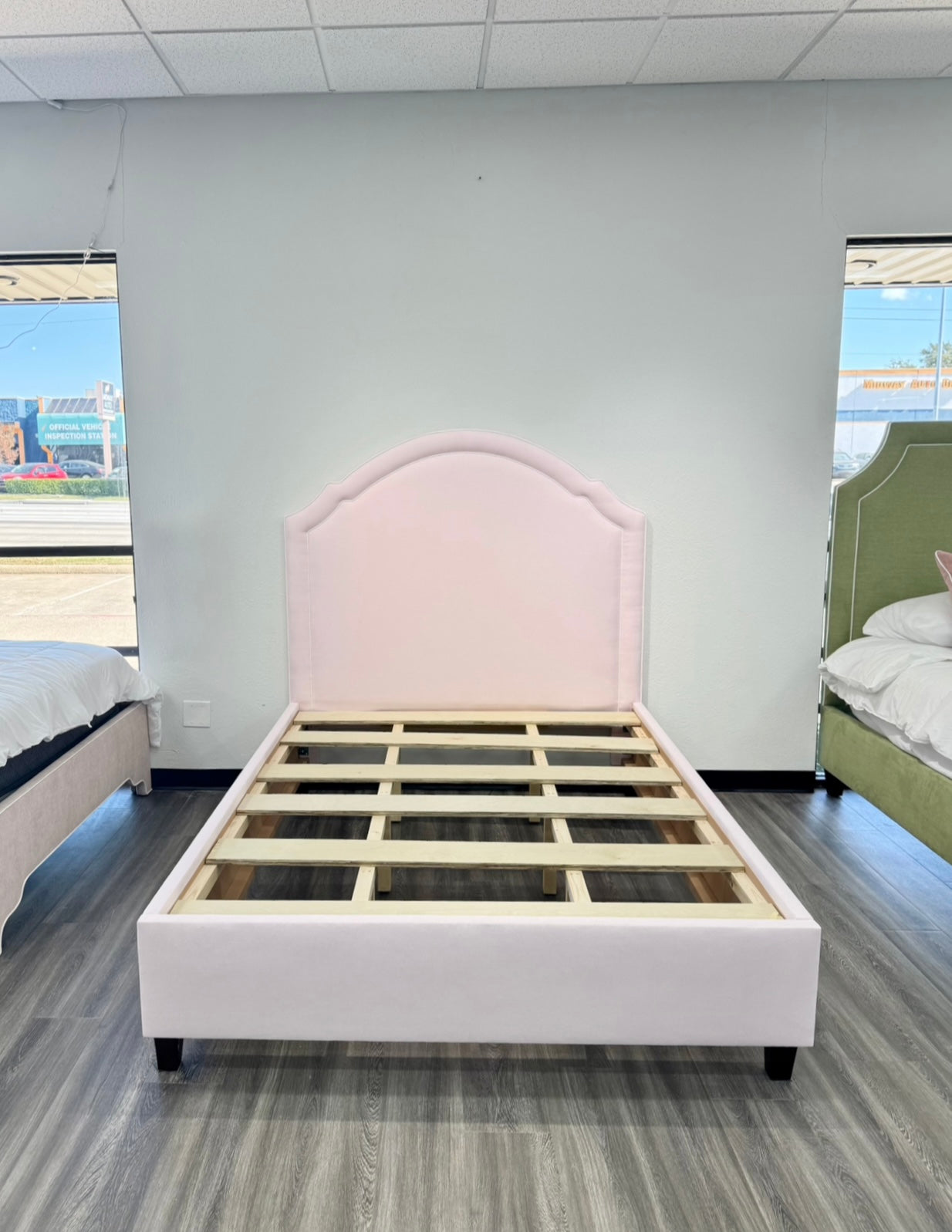 60”H Queen Upholstered Platform Bed - Scalloped Base - Powder Pink Woven Fabric with White Pink