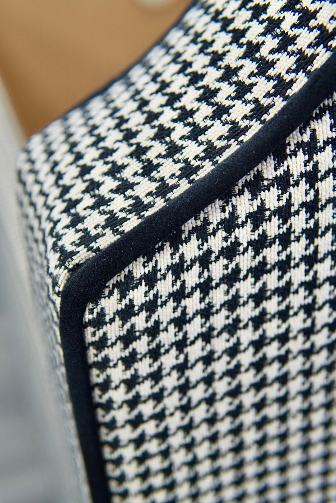 Milly Storage Bench – Houndstooth Fabric with Black Mohair Trim