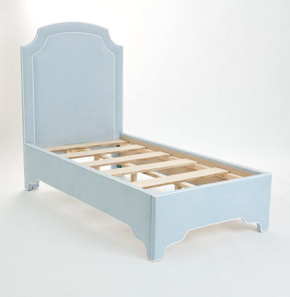 The Aliana Twin Platform Bed in Sky Blue Woven Fabric - White Trim