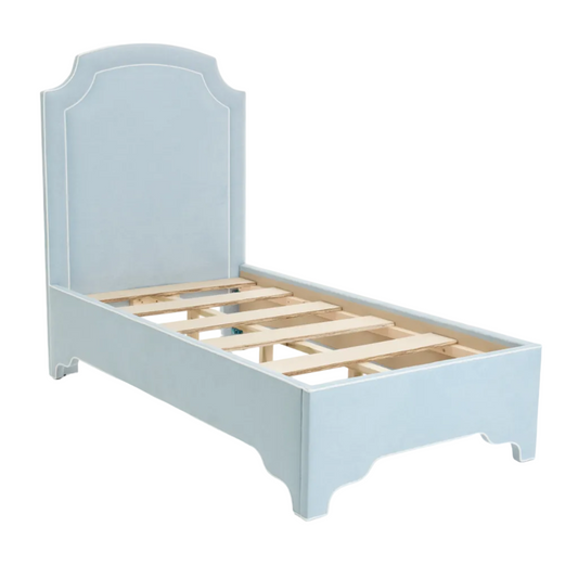 The Aliana Twin Platform Bed in Sky Blue Woven Fabric - White Trim