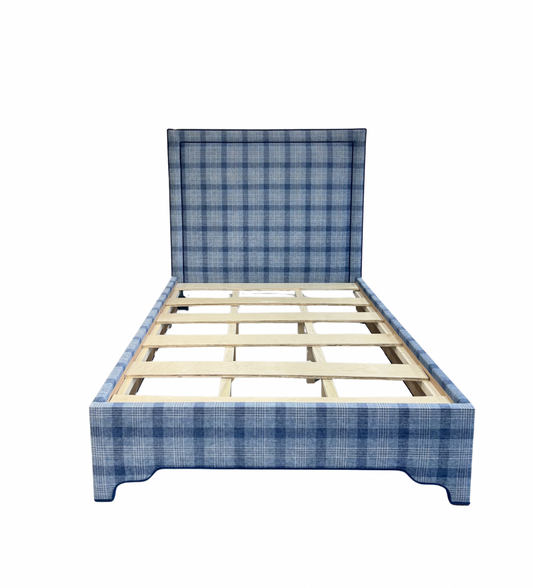 65”H Queen Upholstered Platform Bed - Navy Plaid Fabric - Navy Trim