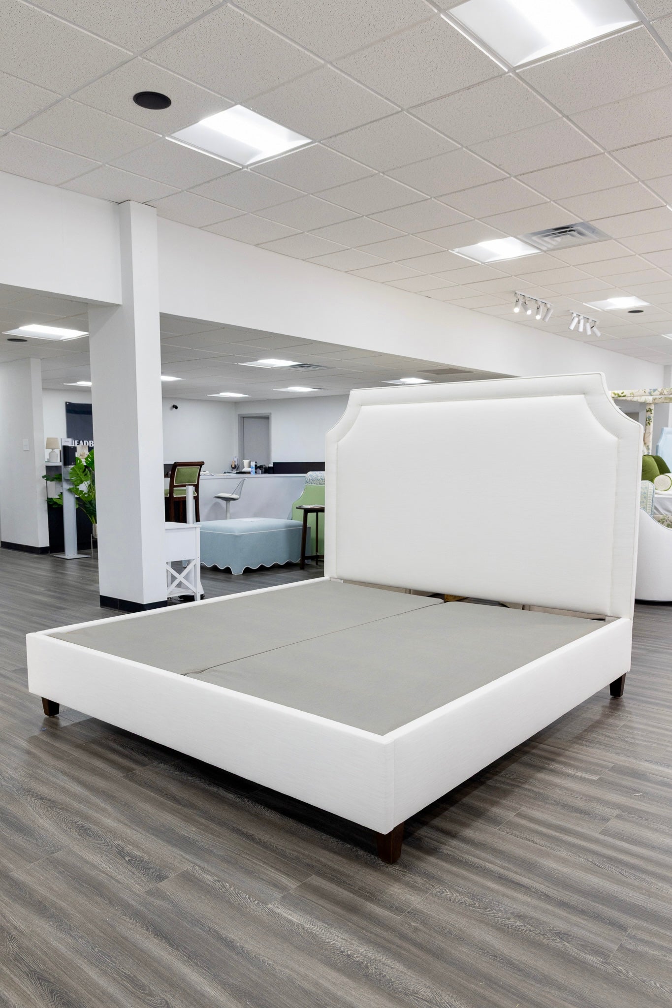 65”H King Platform Bed - Wooden Legs - Off White Linen Fabric