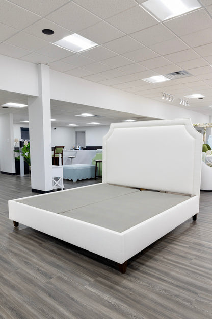 65”H King Platform Bed - Wooden Legs - Off White Linen Fabric