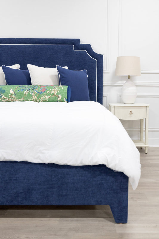 65"H Martha King Platform Bed - Upholstered Legs - Crypton Navy Blue Fabric - White Trim