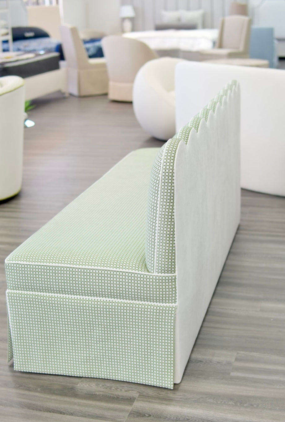 76"L Custom Scalloped Banquette in Darcy Leaf Fabric from Thibaut - Modern Upholstered Dining Banquette with Pleated Skirt