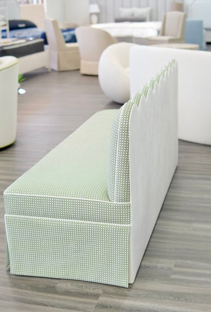 76"L Custom Scalloped Banquette in Darcy Leaf Fabric from Thibaut - Modern Upholstered Dining Banquette with Pleated Skirt