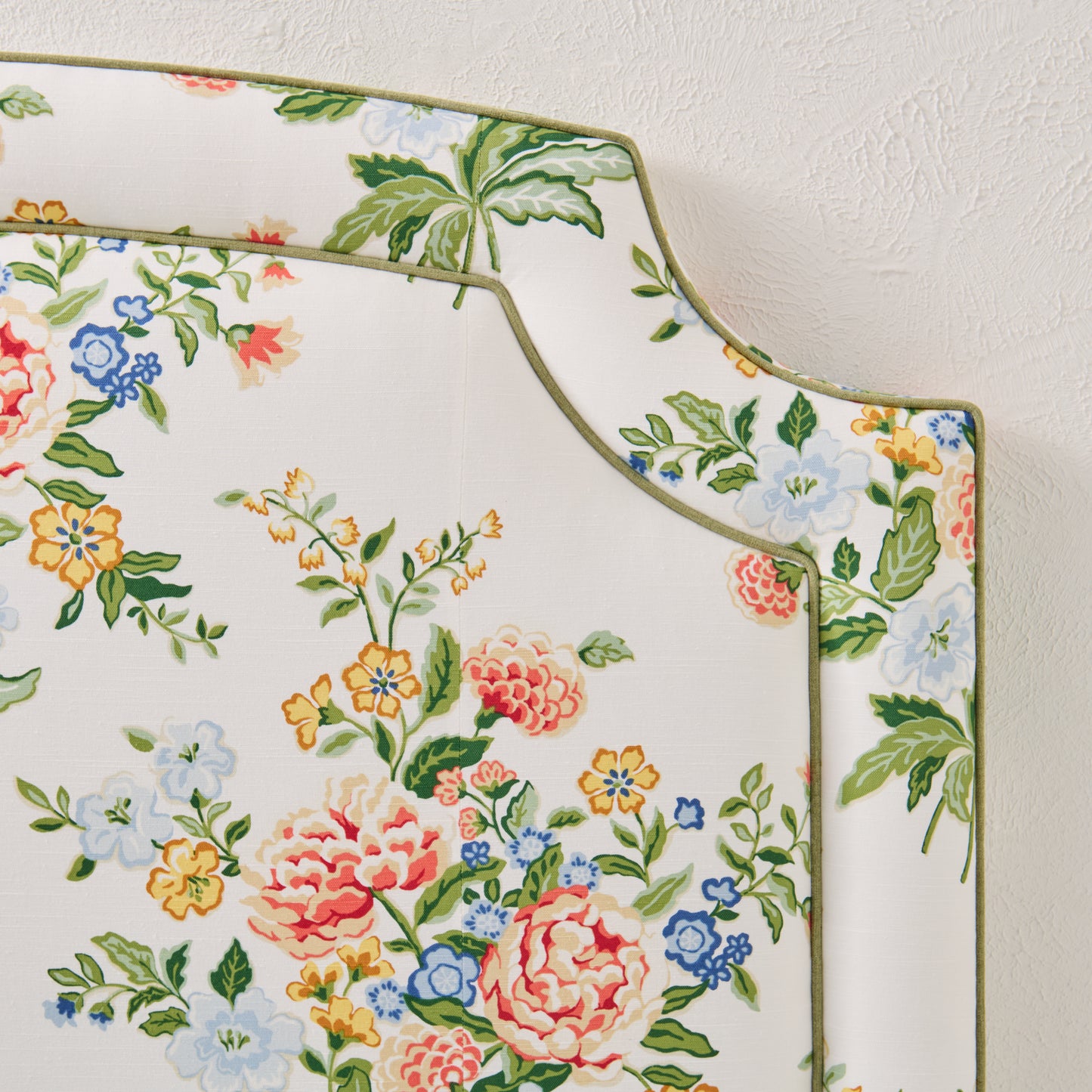 The Aliana King Headboard - Fabricut Floral Bouquet Fabric - Green Trim