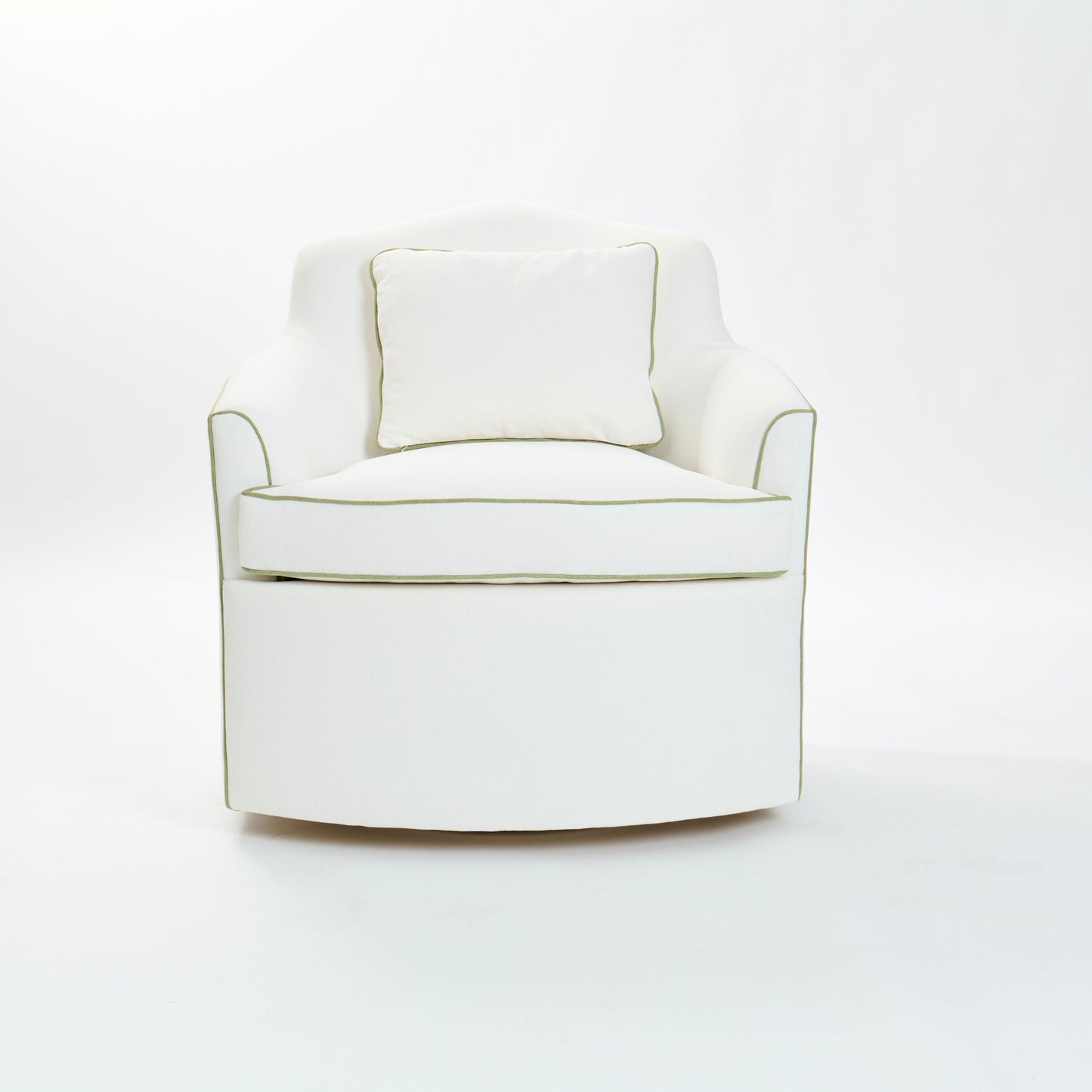 The Scarlett Swivel Chair: Crypton Off-White Fabric - Green Trim