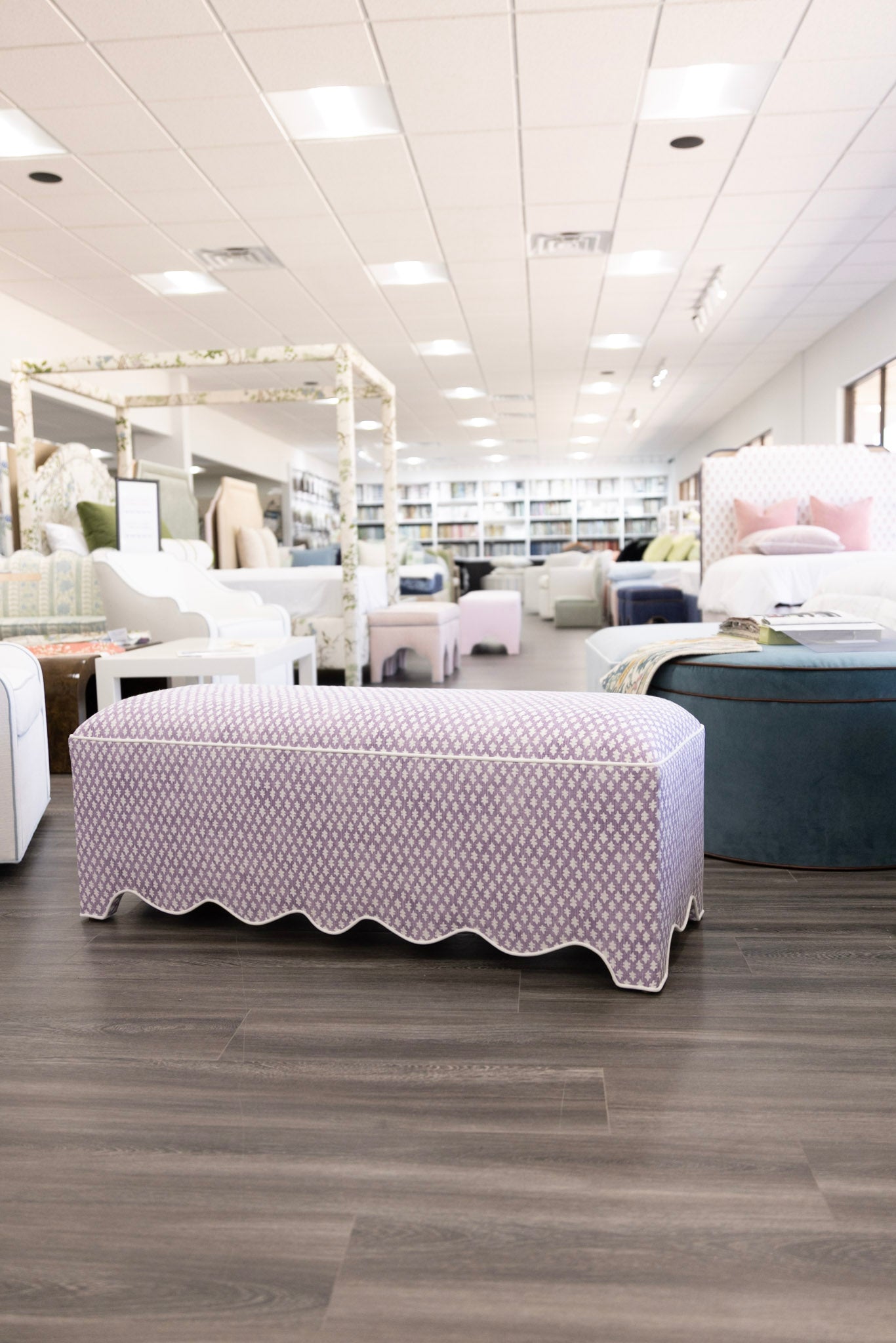 50” L Scalloped End of Bed Bench in Lavender Textured Fabric - White Trim
