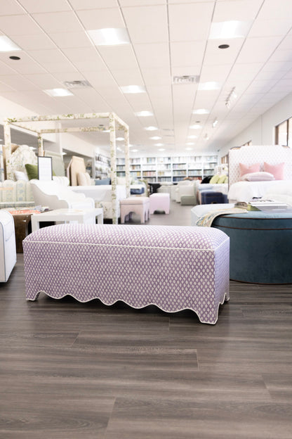 50” L Scalloped End of Bed Bench in Lavender Textured Fabric - White Trim