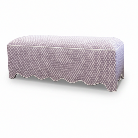 50” L Scalloped End of Bed Bench in Lavender Textured Fabric - White Trim