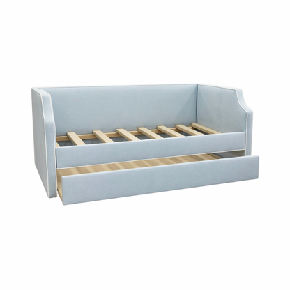 The Addison Twin Trundle Daybed - Sky Blue Woven Fabric - White Trim