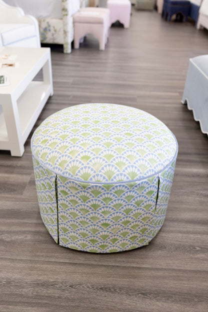 The Marlowe Ottoman - Floral Green / Blue Fabric with Blue Trim
